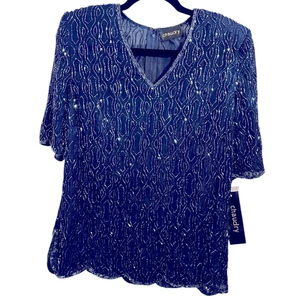 Chaudry Silk Beaded Navy Blouse Short Sleeve, lined